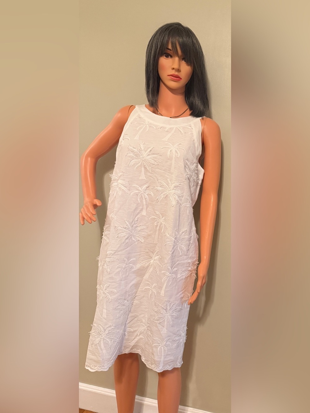 Talbots White Palm-Embroidered Sleeveless Dress